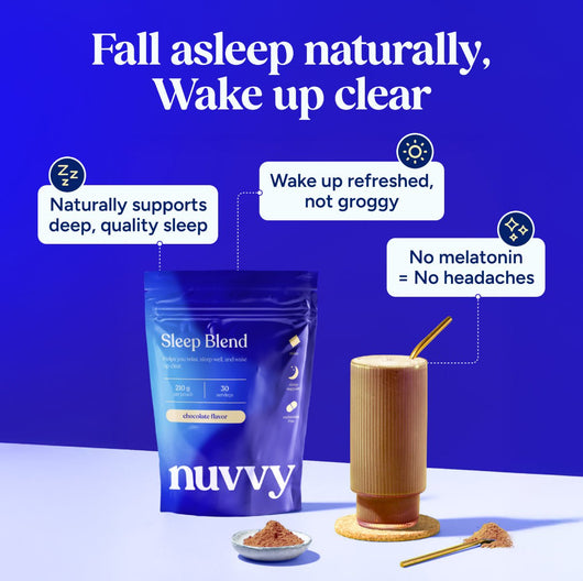 Infographic showing how Nuvvy Sleep helps you fall asleep naturally and wake up clear.