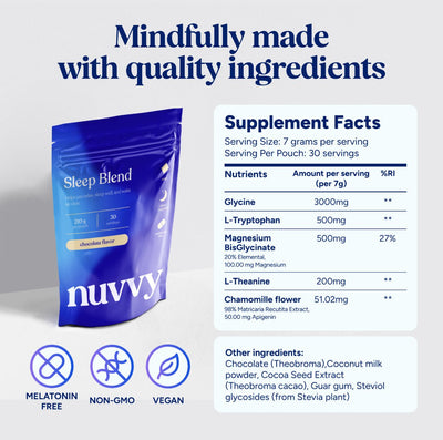 Nuvvy Sleep Blend ingredients list including Magnesium Glycinate, Apigenin, and L-Theanine.